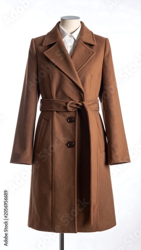 A brown, knee-length coat with a belted waist on a mannequin