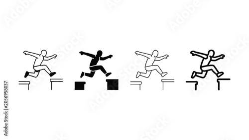 Bild auf Leinwand Four stick figures jumping over obstacles in different positions and styles
