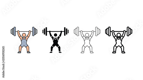 Bild auf Leinwand Four weightlifters in different colors lifting dumbbells overhead in unison
