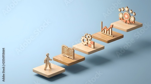 Wooden human figure climbing floating stairs with business achievement icons Concept of career growth progression educational learning journey and corporate success milestone