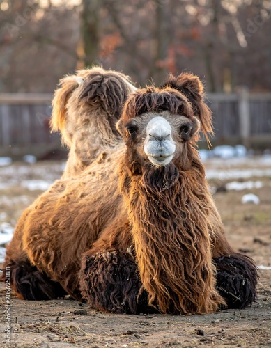 A brown llama with a white face and dark brown fur around its legs lies on the ground
