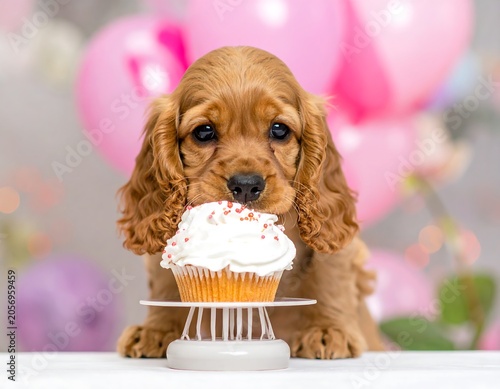 Golden retriever puppy holding biscuit in mouth.