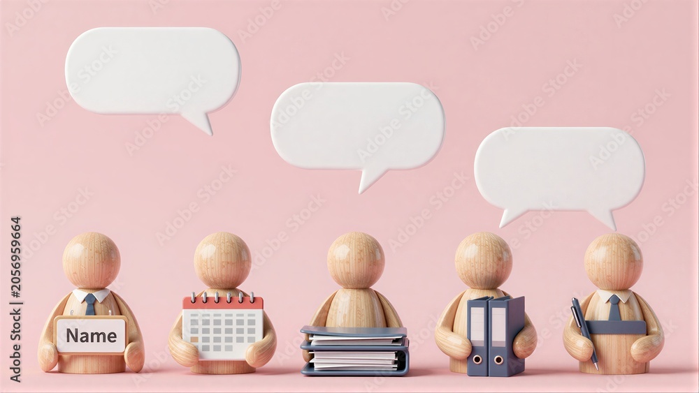 © joeycheung - Five wooden figures hold office items, each with a speech bubble above.