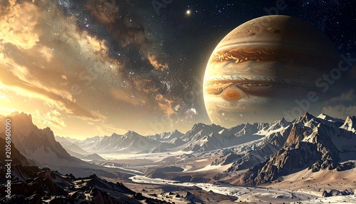 A breathtaking cosmic landscape with a large planet looming over snow-capped mountains