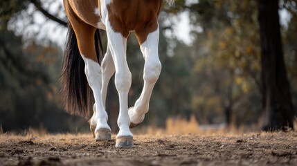 Horse Walking on Dry Ground Surrounded by Nature in Autumn Light
