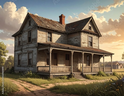 Charming two story wooden house at dusk with porch lights.