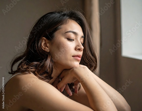 Woman with curly hair biting her lip thoughtfully indoors.