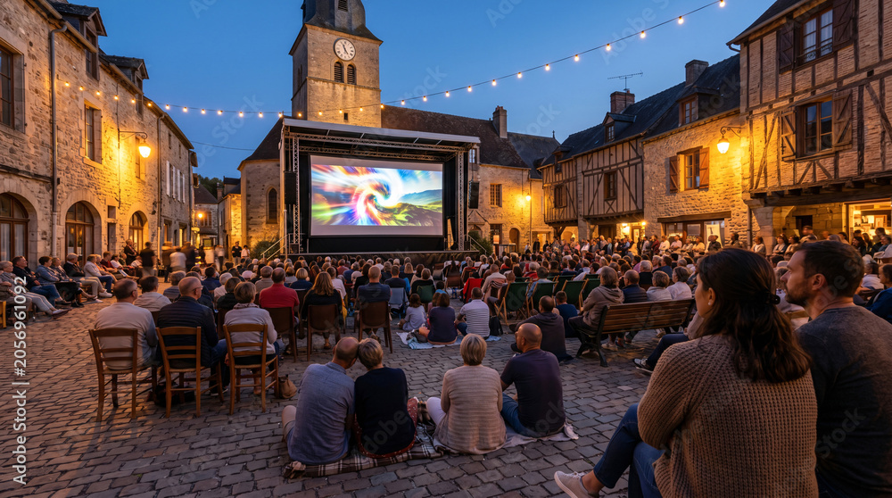 Fototapeta premium Projection en plein air sur la place d’un village en soirée