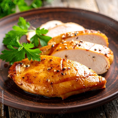 A brown plate holds slices of seasoned cooked chicken breast on a wooden table