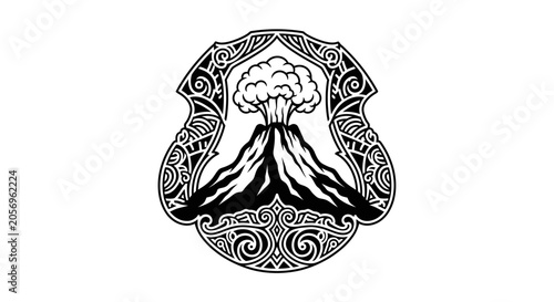 Ornate black and white illustration of an erupting volcano with smoke and ash, stylized mountain emblem in a decorative shield design.