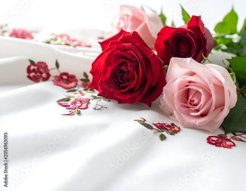 Close up of blooming pink and red roses with petals.