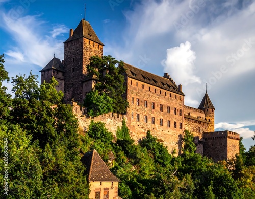 Medieval stone castle on lush green hillside.