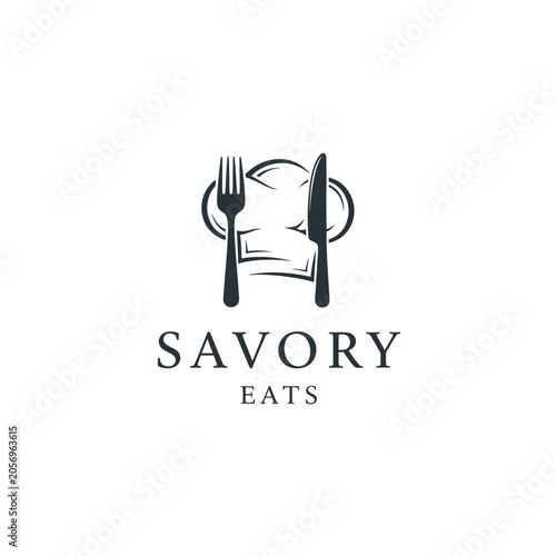 Minimalist restaurant logo design with utensils and plate icon