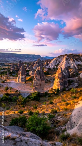 A breathtaking landscape of unique rock formations at sunset