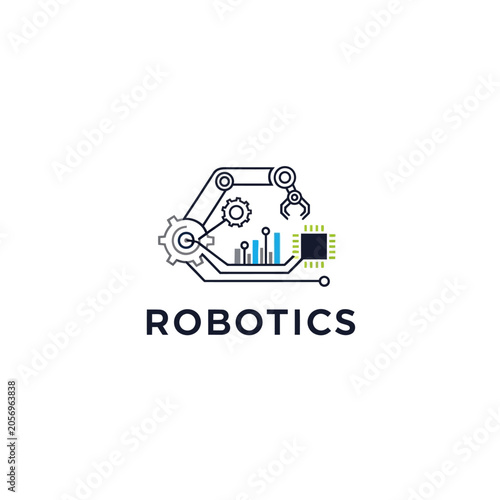 Minimalist robotics technology concept with mechanical arm and microchip icon