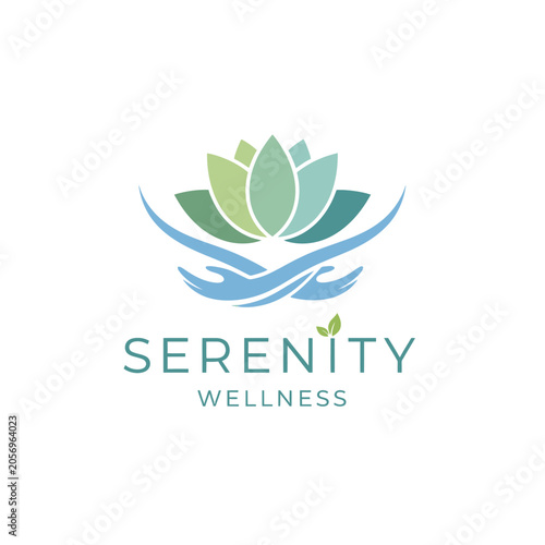 Minimalist wellness logo design with green lotus flower and blue hands