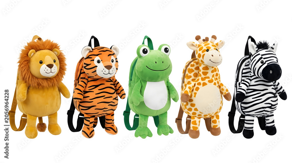 Fototapeta premium Set of five plush animal backpacks for children isolated on transparent background