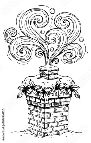 Hand drawn line art illustration of a christmas chimney depicting swirling smoke and winter decoration for holiday season