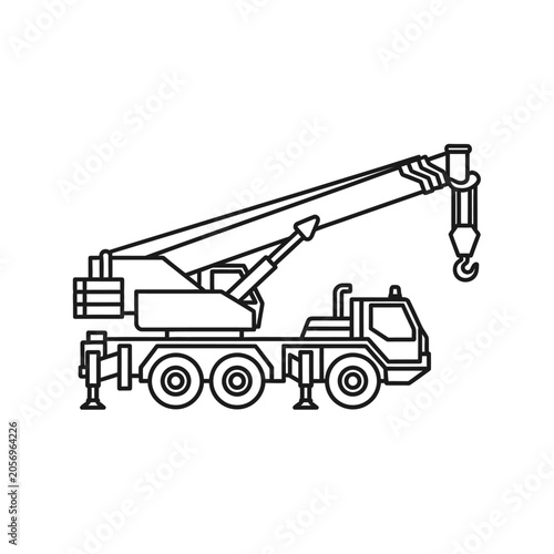 Mobile crane truck construction vehicle with extended boom and hook black and white outline