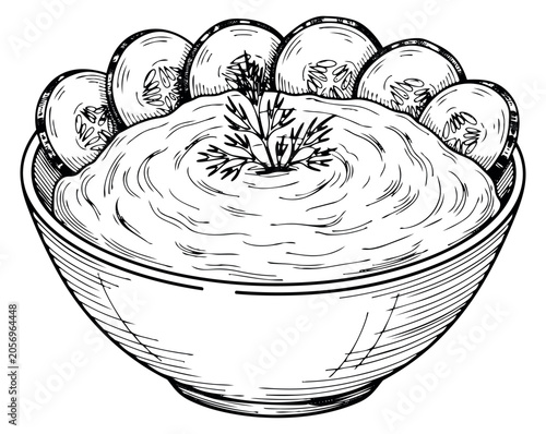 Hand drawn line art illustration of tzatziki dip with cucumber slices and dill depicting a refreshing appetizer for healthy food menus