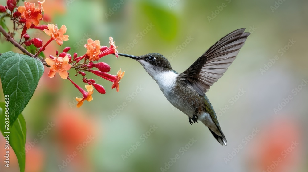 Obraz premium Hummingbird Feeding on Vibrant Orange Flowers in Nature Scene