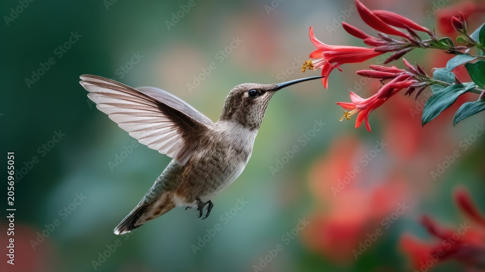 Obraz premium Hummingbird Approaching Vibrant Red Flowers in Nature Sanctuary