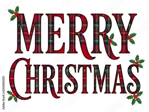 Merry christmas text with red and green tartan plaid pattern isolated on transparent background
