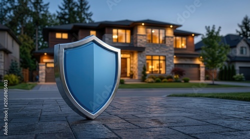 Home warranty protection concept featuring a shield icon in front of a suburban house.