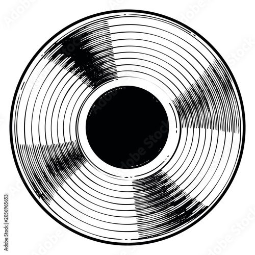 Hand drawn line art illustration of a vinyl record depicting music sound waves for entertainment