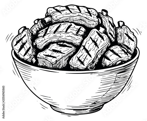 Sketch illustration of a bowl filled with grilled ribs depicting delicious barbecue for a summer cookout