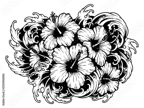 Hand drawn tropical floral set featuring hibiscus flowers and swirling waves for summer decoration