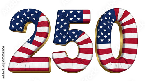 3d rendering of the number 250 with a united states flag texture isolated on transparent background