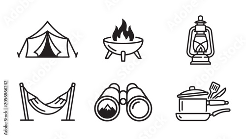 Camping and outdoor recreation equipment icons in hand drawn black and white line art style with adventure binoculars recreation vacation equipment wilderness exploration illustration isolated