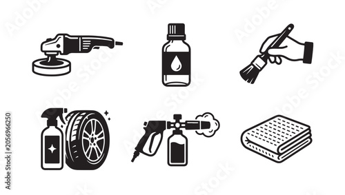 Automotive detailing and car maintenance tools icons in black and white line art vector style with detailing cleaning maintenance automotive professional equipment transport illustration