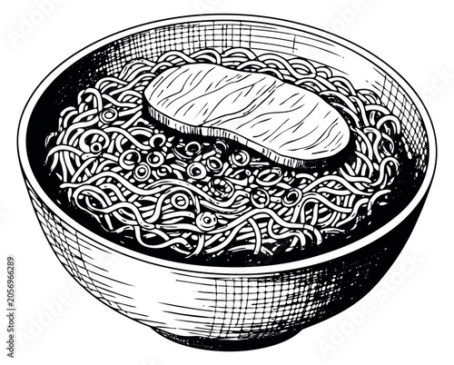 Hand drawn line art illustration of ramen noodles depicting a delicious asian dish for a restaurant menu