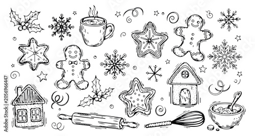 Hand drawn Christmas baking elements set featuring gingerbread men, cookies, snowflakes, and holly for winter holiday designs