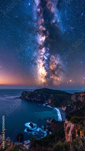 A breathtaking night scene of a rugged coastline under a vibrant starry sky