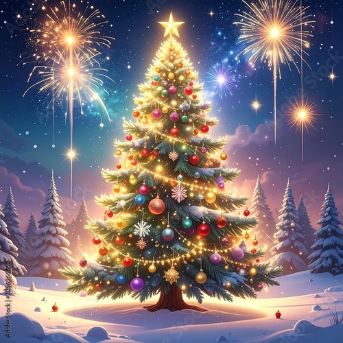 A brightly decorated Christmas tree stands amidst snowy pines under a starry night sky with fireworks