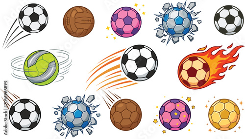 Photos Soccer and football balls vector icons set featuring classic leather flying balls spinning fire fireballs golden globes pink patterns and cracked wall breaks isolated on white background