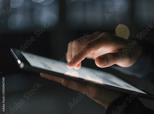 Person's Hand Interacting with a Glowing Tablet in a Dark Room at Night