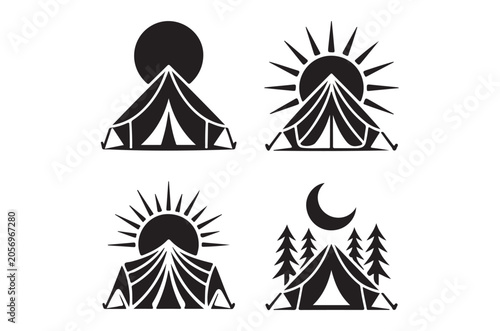 Tent Silhouettes With Celestial Elements Black Vector Illustration