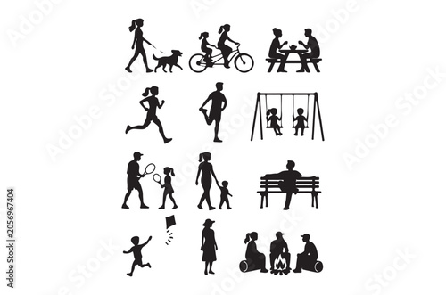 Family Activity Silhouettes On White Background Recreational Scene