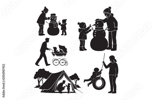 Family Activities Silhouette Set Black And White Illustration