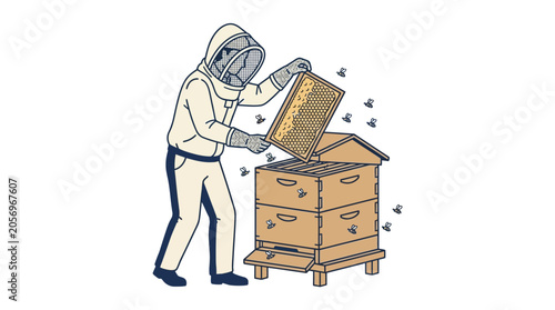 beekeeper in protective suit working.