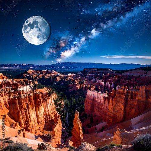 A breathtaking nighttime landscape of a vast, moonlit canyon with a large moon and stars