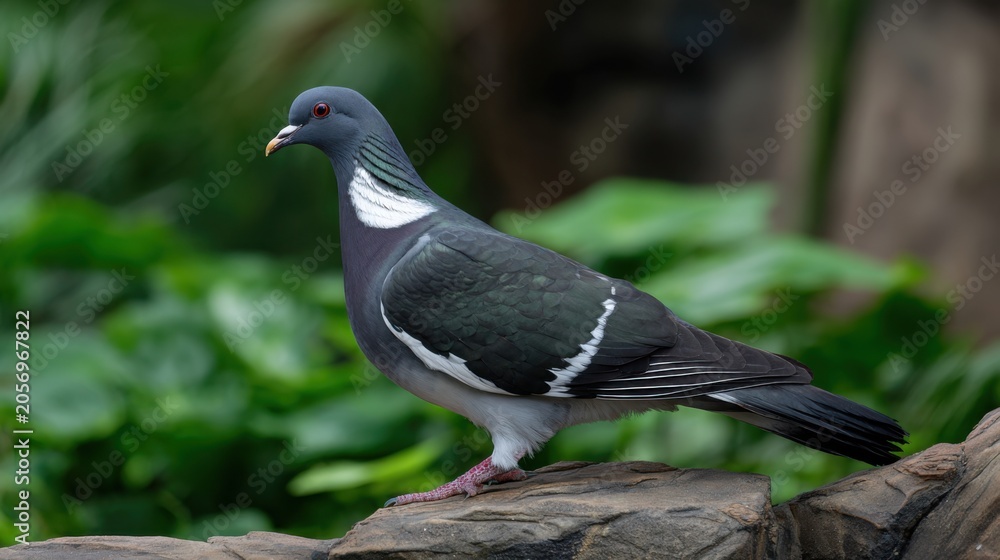 Fototapeta premium Graceful pigeon perched on a rock with lush green background