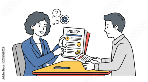 Businessman and woman discussing policy document.