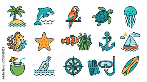 Colorful ocean icons and symbols.