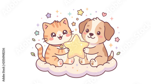 Fotografía Cute cartoon cat and dog friends.