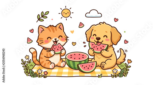 Tablou pe pânză Cute cat and dog eating watermelon.